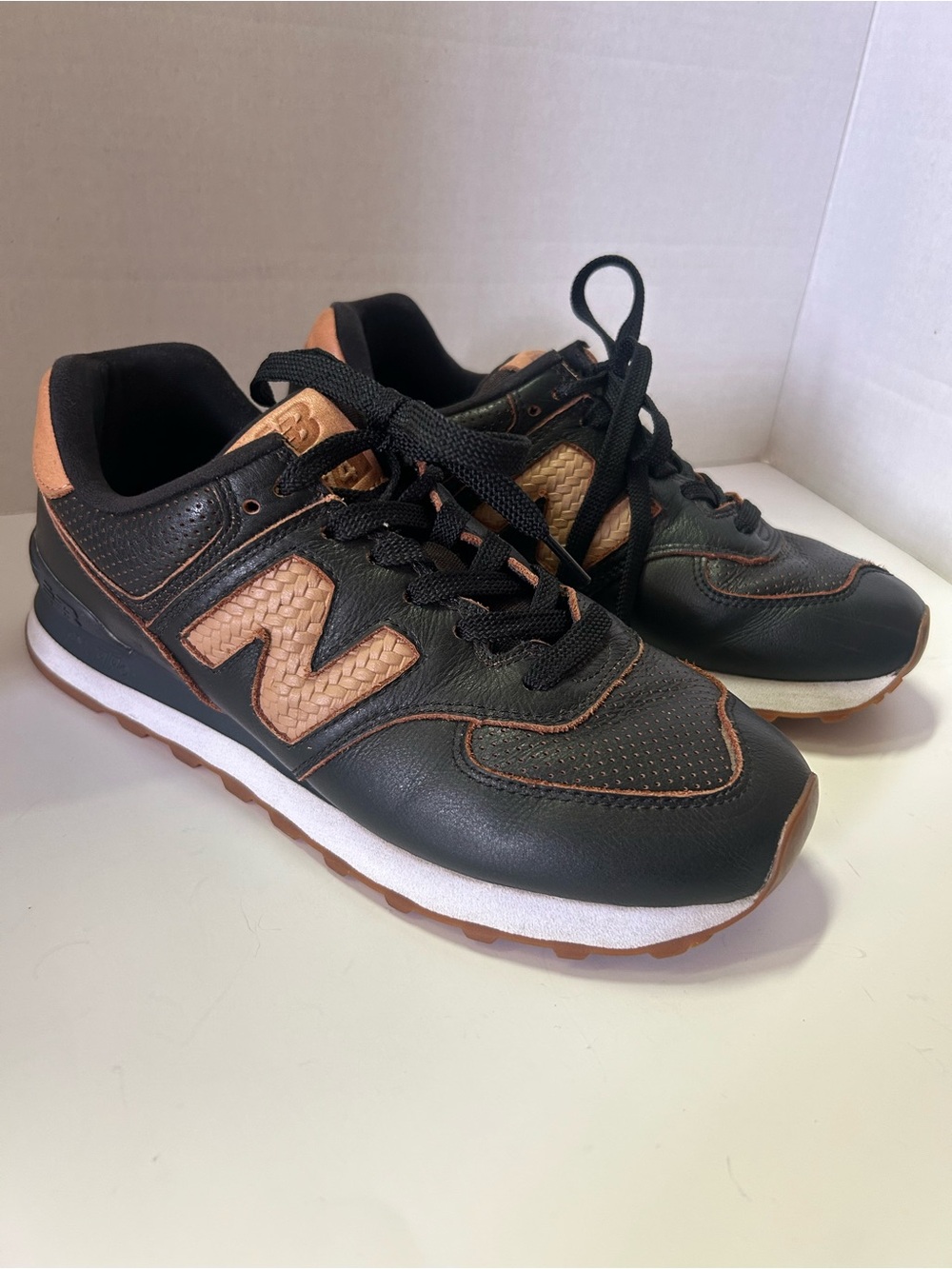 Rare New Balance 574 Leather Black Sneakers with Tan Leather Accents